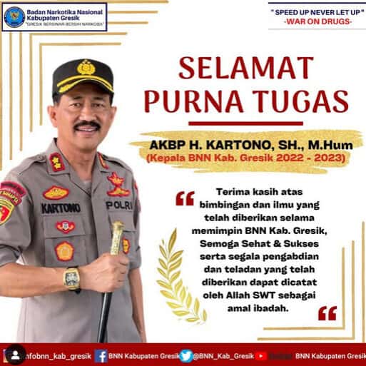 Selamat Purna Tugas AKBP H.Kartono, SH.,M.Hum Kepala BNN Kabupaten Gresik Periode 2022-2023. Selamat Purna Tugas AKBP H.Kartono, SH.,M.Hum Kepala BNN Kabupaten Gresik Periode 2022-2023.